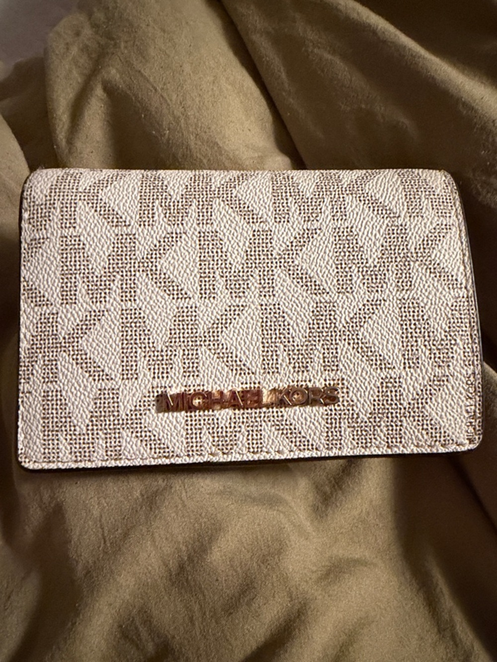 Michael Kors Ivory Logo Compact Wallet with Gold Hardware